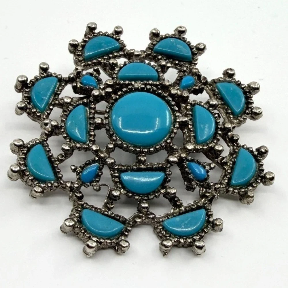 Vintage Silver Tone Simulated Turquoise Flower Brooch Pin Boho Retro Ornate‎ 90s